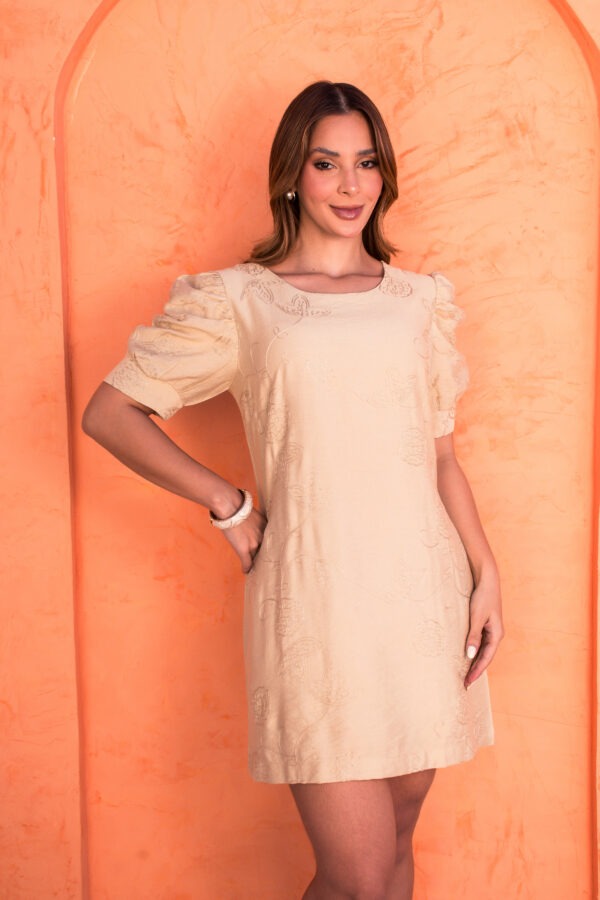 Vestido Bordado Liso Manga Princesa